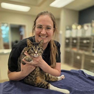 Rachel Bio Pic, female with long dirty blonde hair wearing glasses holding a brown tabby cat